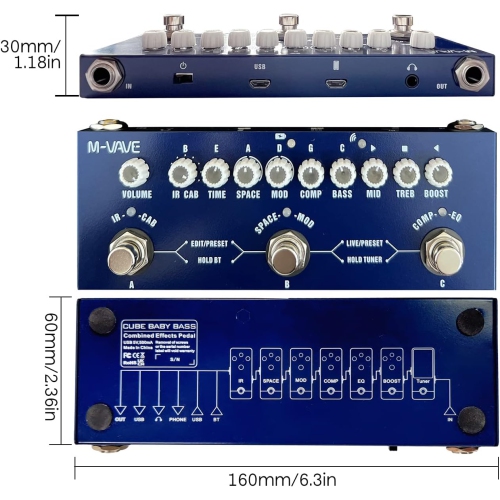 Modulation guitar pedal, rechargeable multi-effects pedal for electric bass, recording guitar, audio interface functions-for bass