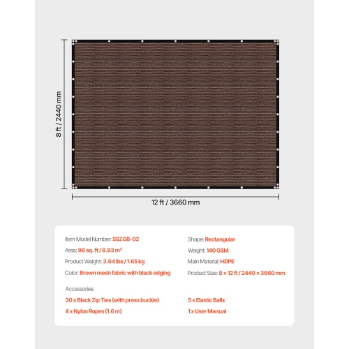 VEVOR 90% Sun Shade Cloth, 8 x 12 ft Pergola Shade Cover with Stainless Steel Grommets, Sun Shades Canopy Privacy Screen with 140 GSM HDPE Material,
