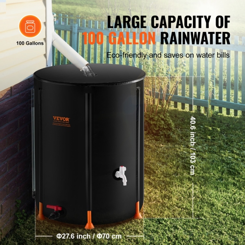 VEVOR 100 Gallon/380 L Collapsible Rain Barrel,Portable Water Tank, PVC Rainwater Collection Barrel with Spigots and Overflow Kit, Water Barrel for