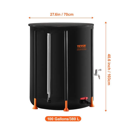 VEVOR 100 Gallon/380 L Collapsible Rain Barrel,Portable Water Tank, PVC Rainwater Collection Barrel with Spigots and Overflow Kit, Water Barrel for