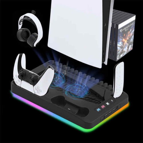 PS5 +slim Universal Cooling Base PS5 Controller Charging Stand Cooler Game Disc Headphone Storage Rack, Ultra-thin Console with RGB Lights - Black