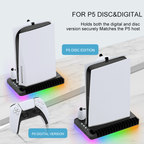 PS5 +slim Universal Cooling Base PS5 Controller Charging Stand Cooler Game Disc Headphone Storage Rack, Ultra-thin Console with RGB Lights - Black