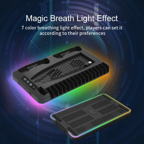 PS5 +slim Universal Cooling Base PS5 Controller Charging Stand Cooler Game Disc Headphone Storage Rack, Ultra-thin Console with RGB Lights - Black