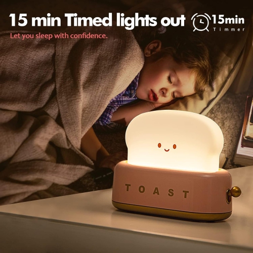 Cute Desktop Decorative Toaster Light, Adorable LED Toast Night Light Rechargeable Portable with Timer Light, Gift for Kids, Girls, Teens - pink