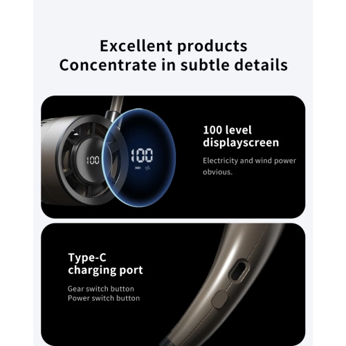 2025 Ventilateur de cou ultraléger 100 vitesses de la série Glacier, design électrique de voyage pour sports d'extérieur, alimenté par USB, affichage