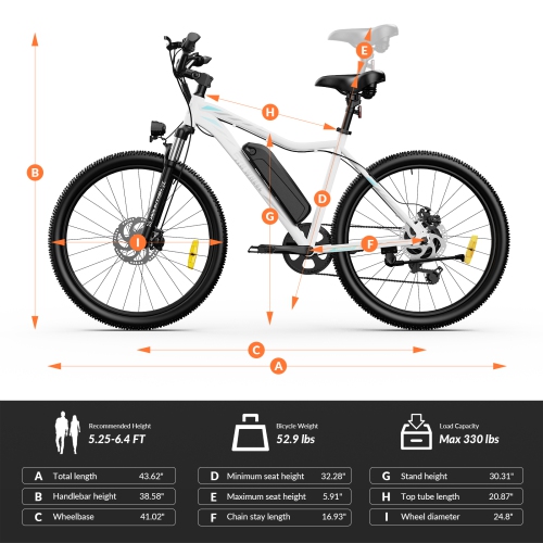 5TH WHEEL Electric Bike for Adults, 500W Motor, 37KM/H, Up to 72KM Range, 26" Mountain E-Bike with Suspension, Disc Brakes, LCD Display – White