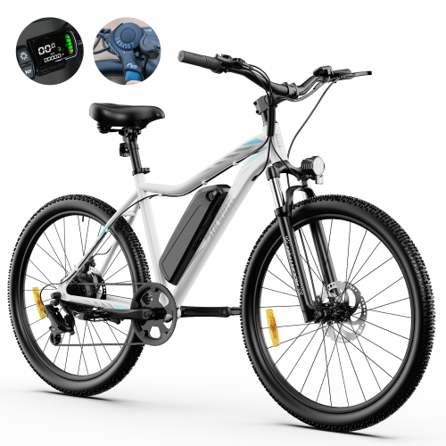 5TH WHEEL Electric Bike for Adults, 500W Motor, 37KM/H, Up to 72KM Range, 26" Mountain E-Bike with Suspension, Disc Brakes, LCD Display – White