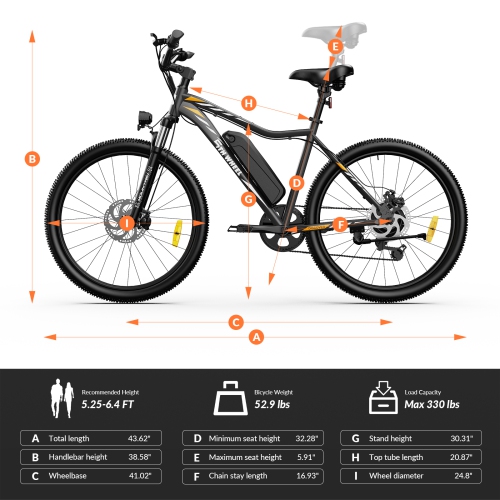 5TH WHEEL Electric Bike for Adults, 500W Motor, 37KM/H, Up to 72KM Range, 26" Mountain E-Bike with Suspension, Disc Brakes, LCD Display – Black