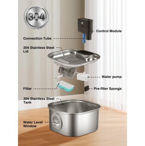 Wireless Cat Water Fountain, 4000mAh Battery Operated, 3.2L/108oz Cordless Automatic Stainless Steel Pet Fountain with Motion Sensor