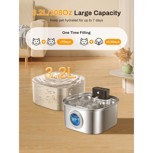 Wireless Cat Water Fountain, 4000mAh Battery Operated, 3.2L/108oz Cordless Automatic Stainless Steel Pet Fountain with Motion Sensor