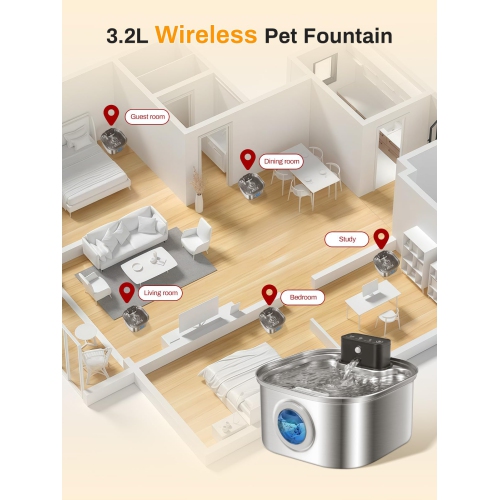 Wireless Cat Water Fountain, 4000mAh Battery Operated, 3.2L/108oz Cordless Automatic Stainless Steel Pet Fountain with Motion Sensor