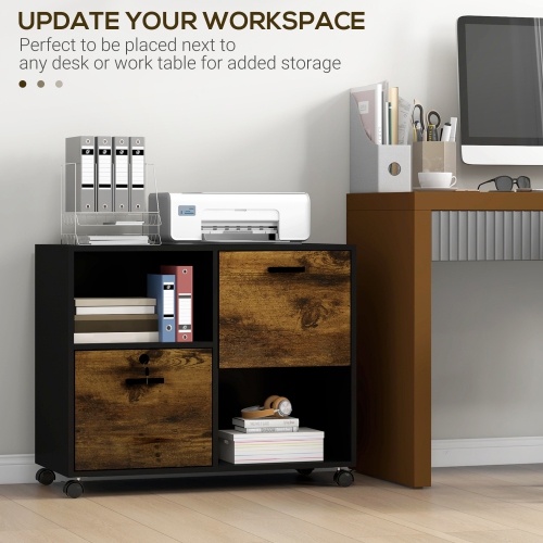 Kepooman Lateral File Cabinet - Drawers, Lock, Open Shelves, Wheels, Rustic Brown Finish, Office Furniture