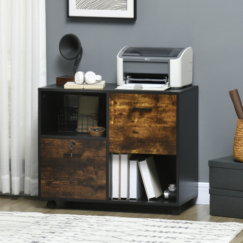 Kepooman Lateral File Cabinet - Drawers, Lock, Open Shelves, Wheels, Rustic Brown Finish, Office Furniture