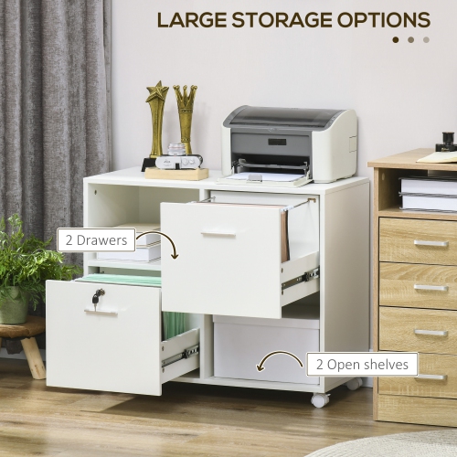 Kepooman Lateral File Cabinet - Drawers, Lock, Open Shelves, Wheels for A4/Letter Size, White