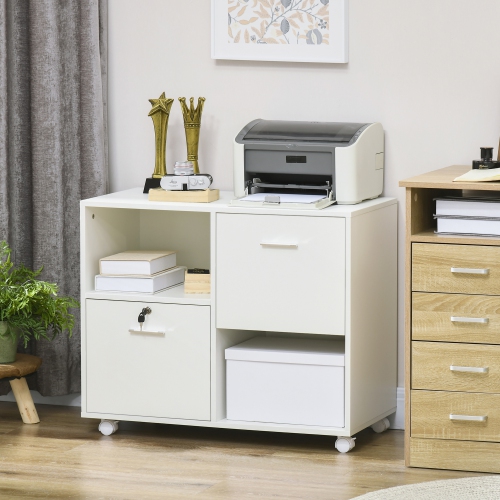 Kepooman Lateral File Cabinet - Drawers, Lock, Open Shelves, Wheels for A4/Letter Size, White