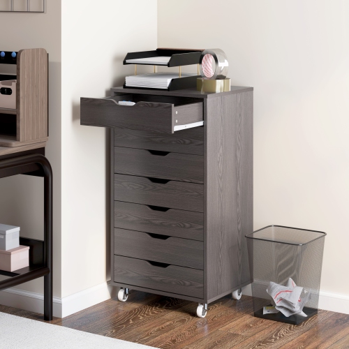 Kepooman 7-drawer Vertical File Cabinet for Home Office, Storage Cabinet with Wheels, 18.7"x15.6"x35.4", Grey Wood Grain