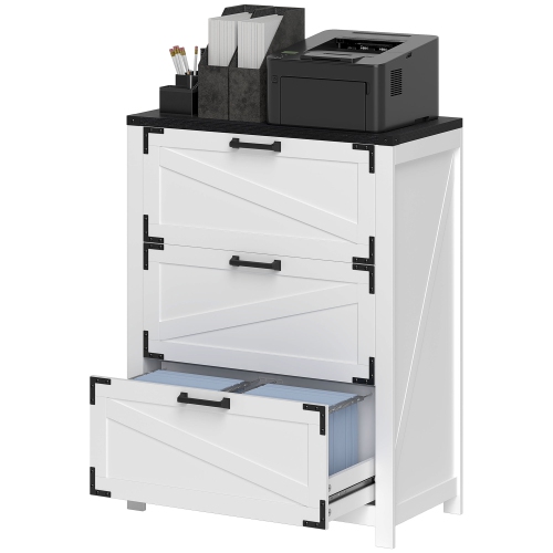 KEPOOMAN  3 Drawer Filing Cabinet, Farmhouse Office Storage Cabinet With Adjustable Hanging Bars for Letter, A4, Legal Size In White