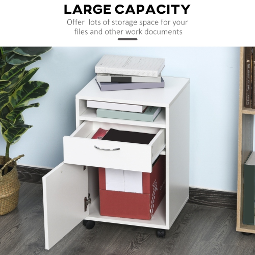 Kepooman Mobile Vertical Filing Cabinet 24" with Drawer and Wheels - Essential Office Storage Cabinet in White