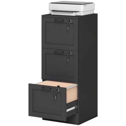 Kepooman Vertical Filing Cabinet with 3 Drawers, Lock, File Cabinet for Home Office, A4 and Letter Size Files, Black