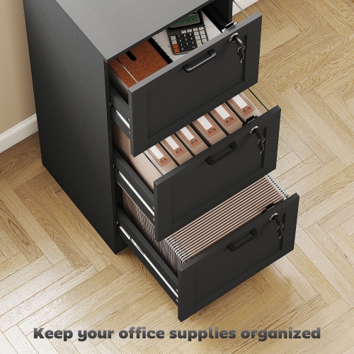 Kepooman Vertical Filing Cabinet with 3 Drawers, Lock, File Cabinet for Home Office, A4 and Letter Size Files, Black