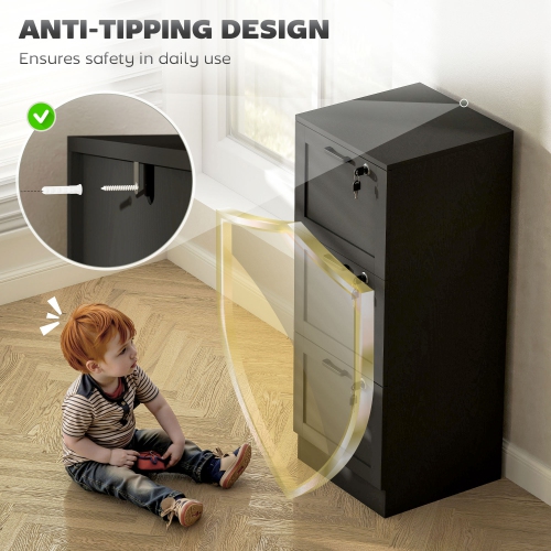 Kepooman Vertical Filing Cabinet with 3 Drawers, Lock, File Cabinet for Home Office, A4 and Letter Size Files, Black