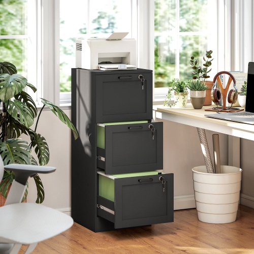 Kepooman Vertical Filing Cabinet with 3 Drawers, Lock, File Cabinet for Home Office, A4 and Letter Size Files, Black