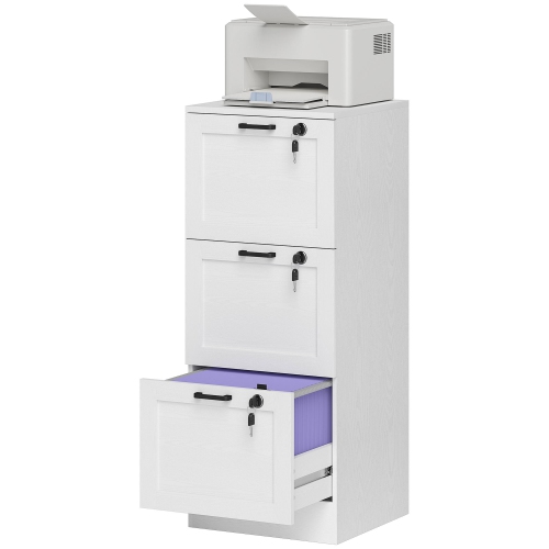Kepooman Vertical Filing Cabinet with 3 Drawers, Lock, File Cabinet for Home Office, A4 and Letter Size Files, White