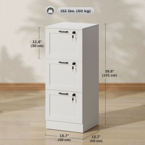 Kepooman Vertical Filing Cabinet with 3 Drawers, Lock, File Cabinet for Home Office, A4 and Letter Size Files, White