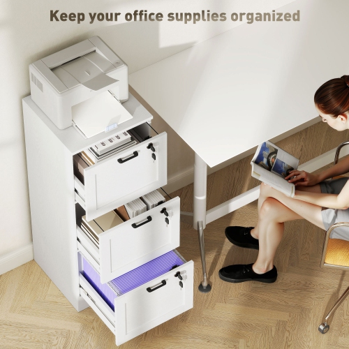 Kepooman Vertical Filing Cabinet with 3 Drawers, Lock, File Cabinet for Home Office, A4 and Letter Size Files, White