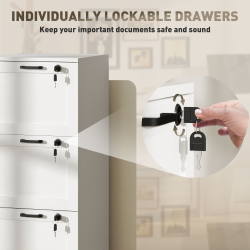 Kepooman Vertical Filing Cabinet with 3 Drawers, Lock, File Cabinet for Home Office, A4 and Letter Size Files, White