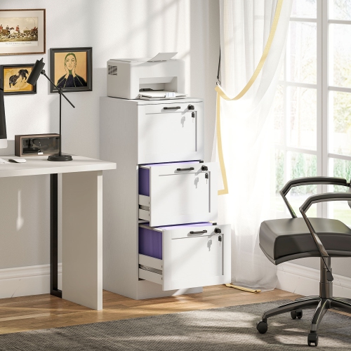 Kepooman Vertical Filing Cabinet with 3 Drawers, Lock, File Cabinet for Home Office, A4 and Letter Size Files, White