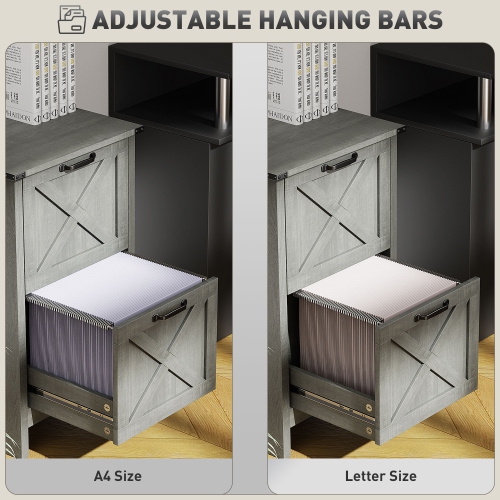 Kepooman Vertical Filing Cabinet with 2 Drawers, Rustic Farmhouse Office Storage Cabinet for A4, Letter Size, Stone Grey