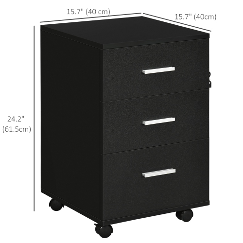 Kepooman 3 Drawer Mobile Filing Cabinet with Lock and Keys Wheels for Home Office Storage Organizer Black