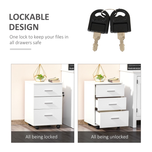 Kepooman 3 Drawer Mobile Filing Cabinet with Lock and Keys Wheels for Home Office Storage Organizer White