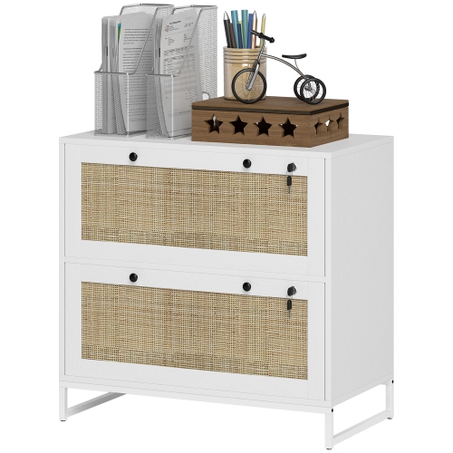 KEPOOMAN  2-Drawer Filing Cabinet With Lock, Rattan File Cabinet With Adjustable Hanging Bar In White