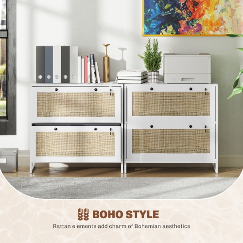 Kepooman 2-Drawer Filing Cabinet with Lock, Rattan File Cabinet with Adjustable Hanging Bar, White