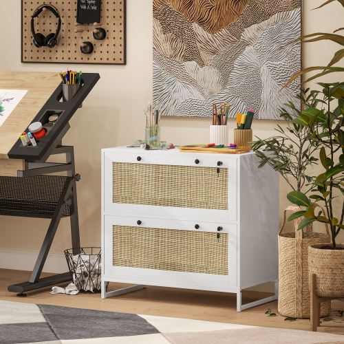 Kepooman 2-Drawer Filing Cabinet with Lock, Rattan File Cabinet with Adjustable Hanging Bar, White