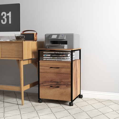 Kepooman Rustic Mobile File - 2-Drawer Vertical Cabinet with Open Shelf for A4/Letter Document Storage & Organization, Brown Wood
