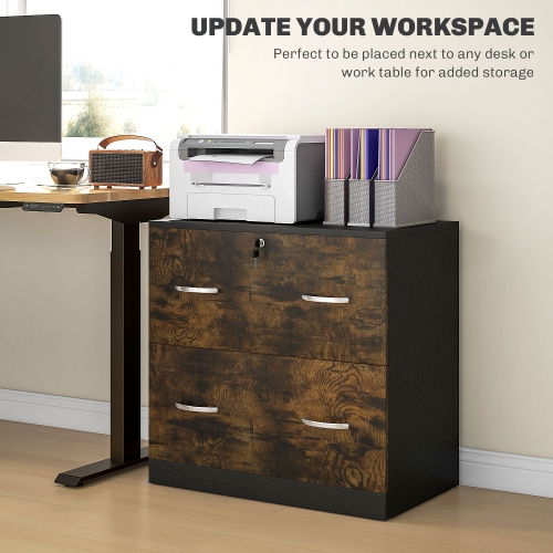 Kepooman 2 Drawer File Cabinet with Lock, Office Filing Cabinet, Hanging Bar for Letter Size, Home Office, Rustic Brown