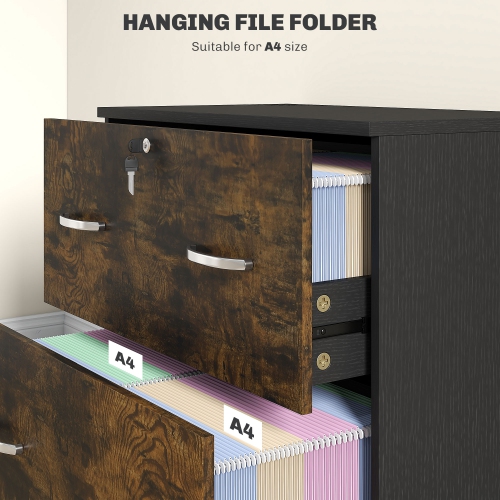 Kepooman 2 Drawer File Cabinet with Lock, Office Filing Cabinet, Hanging Bar for Letter Size, Home Office, Rustic Brown