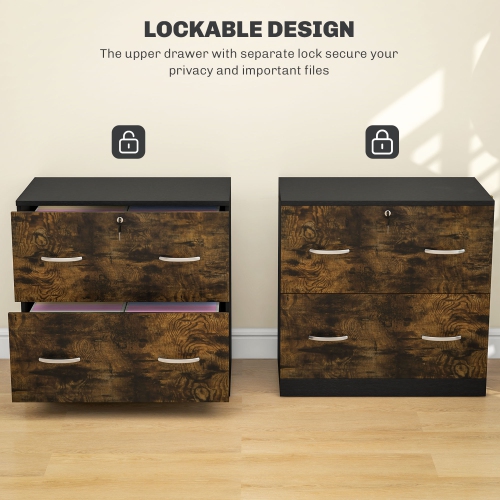 Kepooman 2 Drawer File Cabinet with Lock, Office Filing Cabinet, Hanging Bar for Letter Size, Home Office, Rustic Brown
