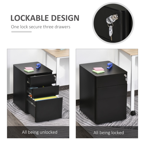 Kepooman Compact File Vault - 3 Lockable Drawers & Smooth-Rolling Mobility for Secure Home Office Organization, Black
