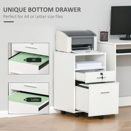 Kepooman Mobile File Caddy - 2 Locking Drawers on Wheels for Secure Legal/Letter Document Storage & Easy Access, White
