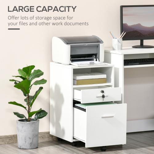 Kepooman Mobile File Caddy - 2 Locking Drawers on Wheels for Secure Legal/Letter Document Storage & Easy Access, White
