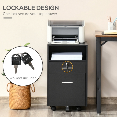 Kepooman Mobile File Caddy - 2 Locking Drawers on Wheels for Secure Legal/Letter Document Storage & Easy Access, Black
