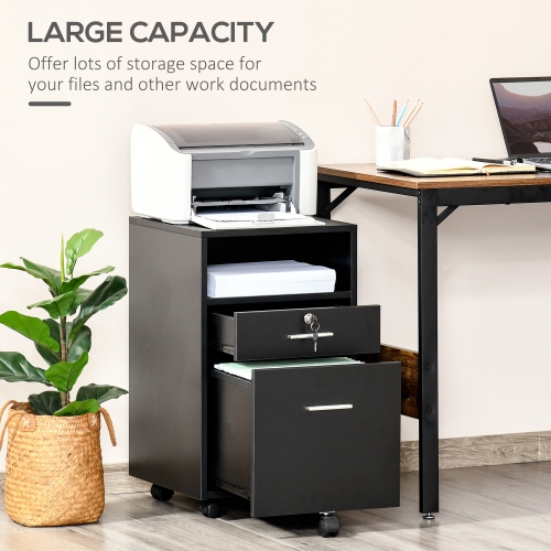 Kepooman Mobile File Caddy - 2 Locking Drawers on Wheels for Secure Legal/Letter Document Storage & Easy Access, Black