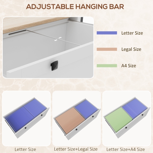 Kepooman 2 Drawer File Cabinet, Lockable Filing Cabinet with Adjustable Hanging Bar for Letter, A4 and Legal Size, White