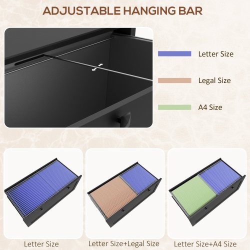 Kepooman Lockable 2 Drawer File Cabinet for Letter, A4, Legal Size Documents with Adjustable Hanging Bar in Black