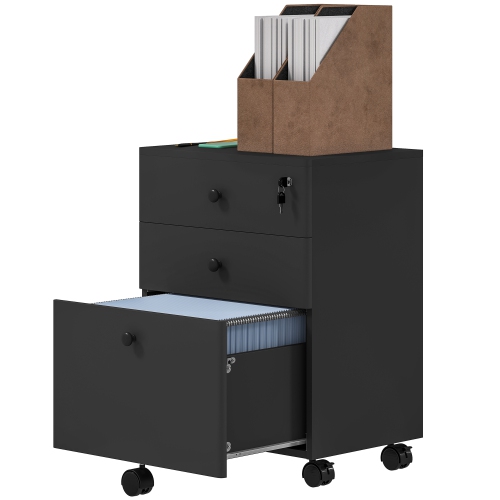 Kepooman 3-Drawer Small Filing Cabinet with Lock, Vertical Office Storage Cabinet with Wheels for Home Office, Black