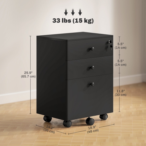 Kepooman 3-Drawer Small Filing Cabinet with Lock, Vertical Office Storage Cabinet with Wheels for Home Office, Black